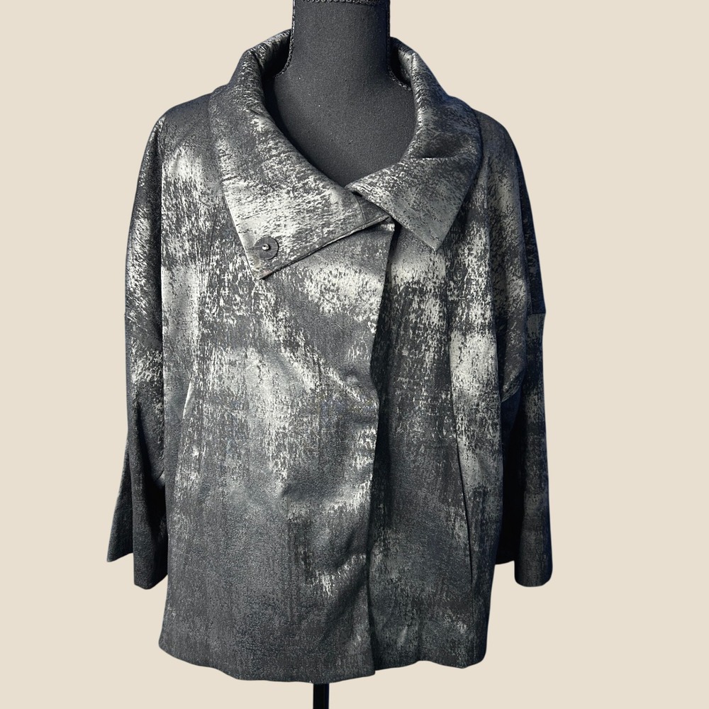 Eileen Fisher Womens Charcoal Grandeur Jacquard High Collar Jacket Sz M Metallic